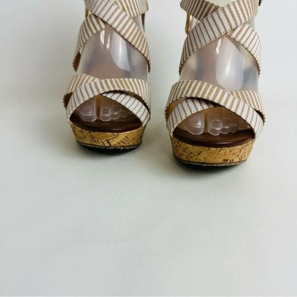 Chinese Laundry Women's Striped Strappy Wedge Sandals Cream Tan‎ Shoes Size 8.5